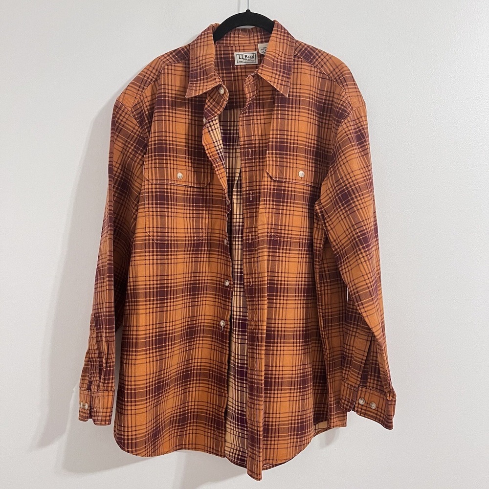 L. L. Bean Orange Plaid Sturdy Shirt Size L Shacket Thick Button Up Farmhouse